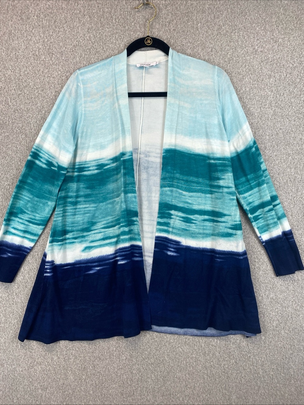 Chico’s Watercolor Blue Cardigan Sweater Size 0 ( S ) Long Sleeves Open Front